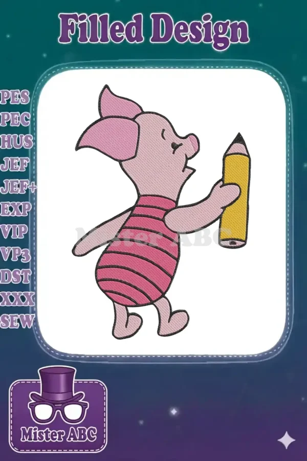 Close-up of an adorable embroidered Piglet from Winnie the Pooh, holding a yellow pencil, on a white background.