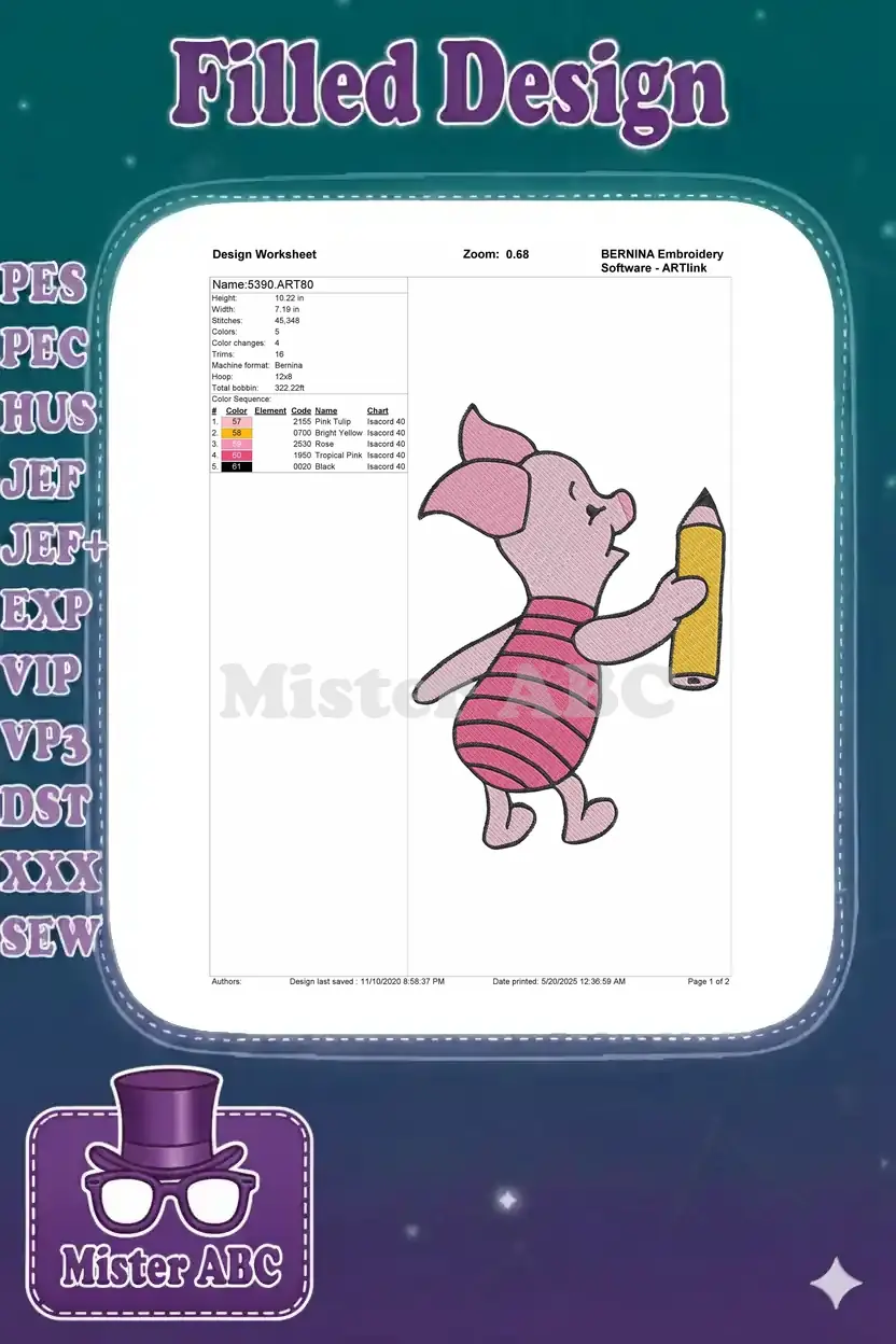 Embroidery design worksheet for Piglet with pencil, detailing dimensions, stitch count, colors, and machine info.