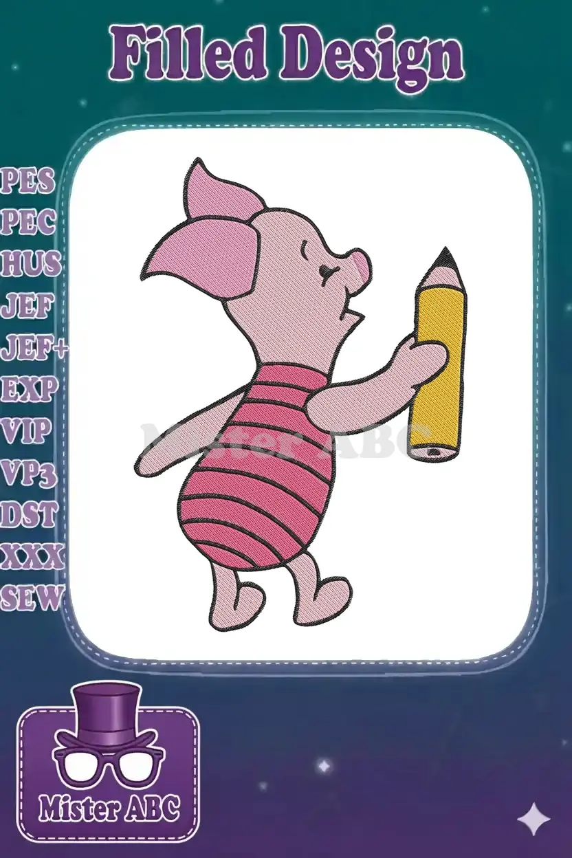Close-up of an adorable embroidered Piglet from Winnie the Pooh, holding a yellow pencil, on a white background.