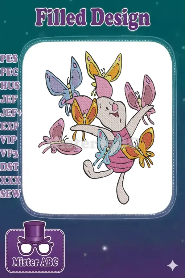 Adorable Piglet from Winnie the Pooh, surrounded by a swirling dance of colorful, cheerful butterflies.