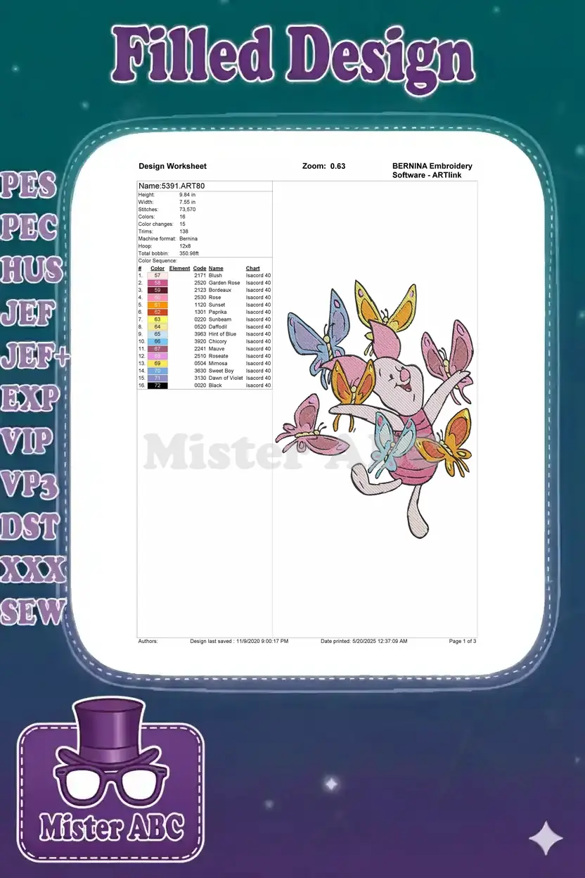 Detailed embroidery design worksheet for Piglet and butterflies, showing stitch count, colors, and dimensions.