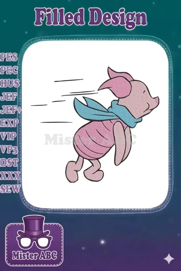 Embroidered Piglet running dynamically with a blue scarf, showing motion lines against a white background.