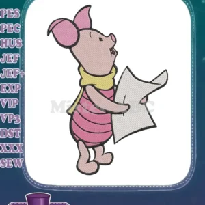 An adorable machine embroidery design featuring Piglet from Winnie the Pooh, joyfully singing while holding a sheet of music.