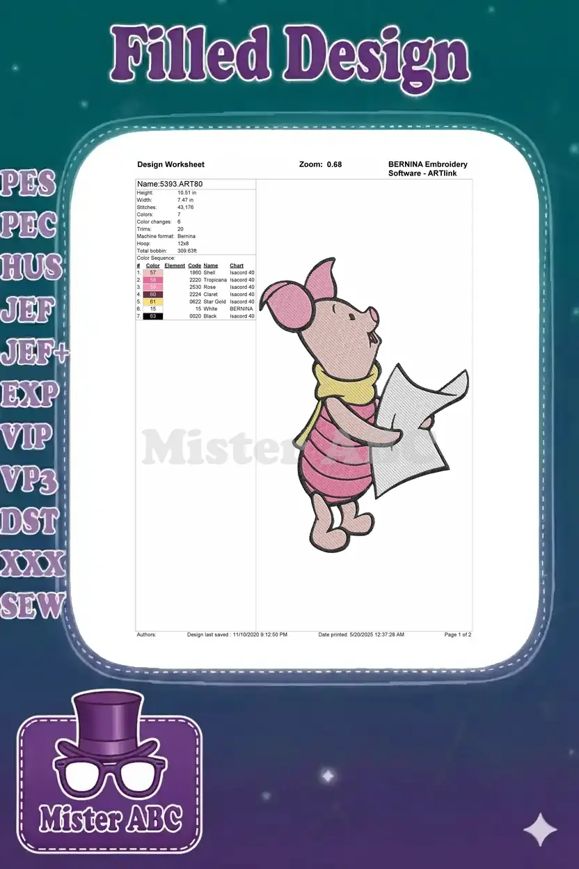 A detailed embroidery design worksheet for 'Name:5393.ART80', showing design dimensions, stitch count, color changes, and thread chart.