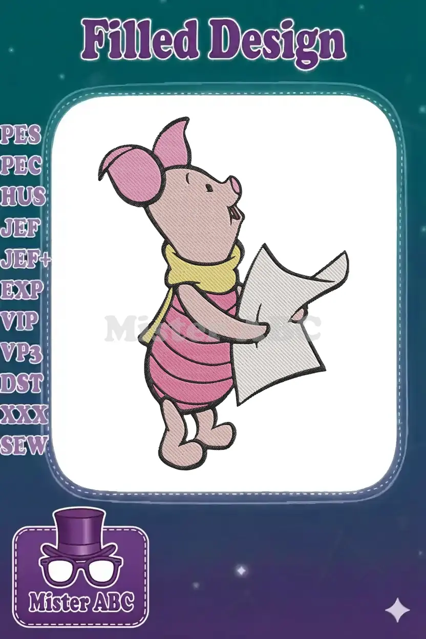 An adorable machine embroidery design featuring Piglet from Winnie the Pooh, joyfully singing while holding a sheet of music.