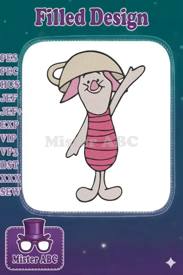 Adorable Piglet embroidery design, from Winnie the Pooh, wearing a teacup on his head and waving cheerfully.
