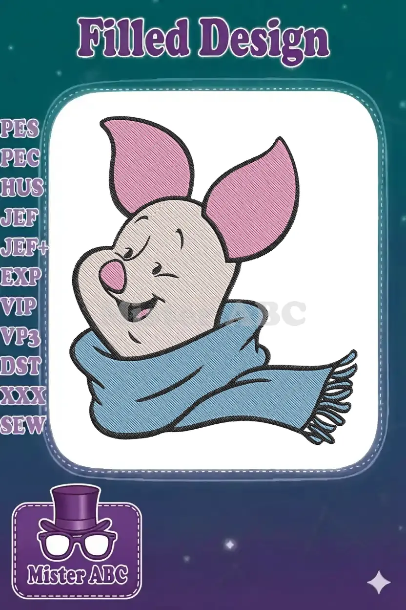 An adorable embroidery design of Piglet from Winnie the Pooh, wearing a cozy blue scarf, smiling brightly.