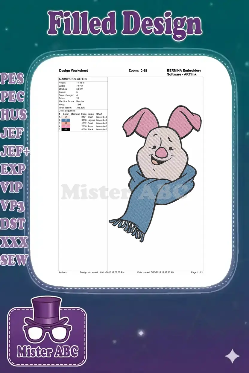 Embroidery design worksheet for Piglet, showing dimensions, stitch count, color sequence, and thread details.