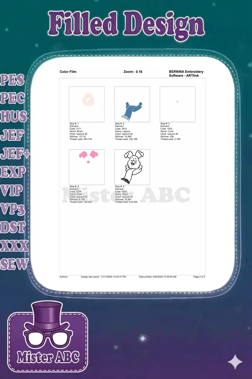 Color film breakdown of the Piglet embroidery, illustrating each stitch element and color stop in sequence.