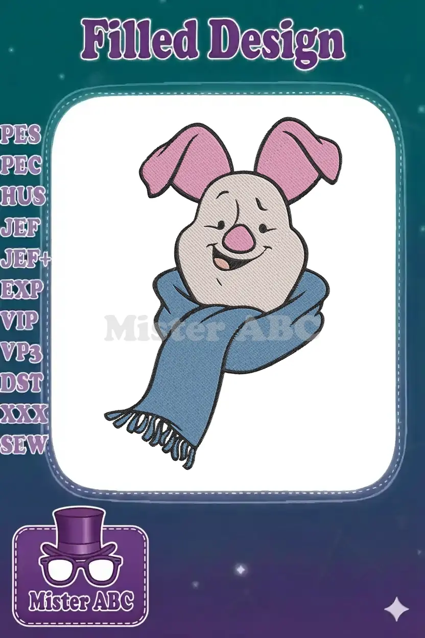 Close-up of a charming Piglet embroidery design, featuring the beloved character in a cozy blue scarf, smiling warmly.