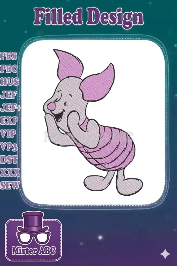 A charming embroidery design of Piglet from Winnie the Pooh, standing happily with hands near his face, eyes closed.