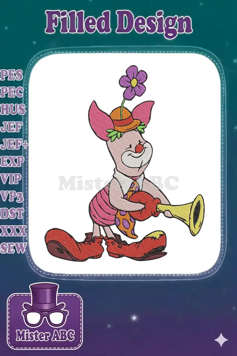 Adorable Piglet from Winnie the Pooh in a clown outfit, holding a trumpet, with a flower on his hat.