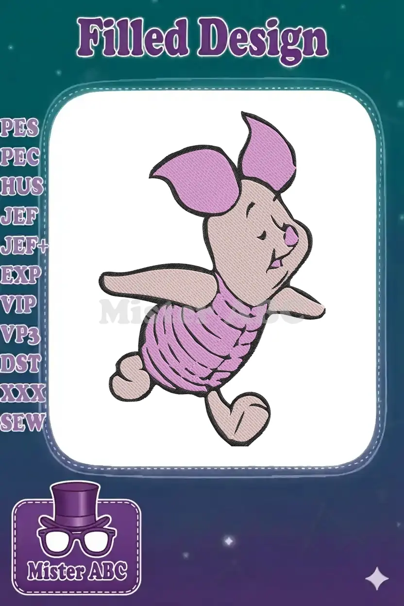 Delightful Piglet machine embroidery design, featuring the beloved character in a playful pose with fine detail and vibrant colors.