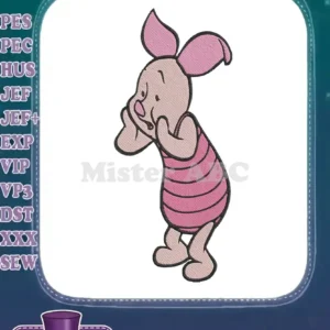 A charming embroidery design of Piglet, Disney's beloved character, looking shyly with hands near his face.