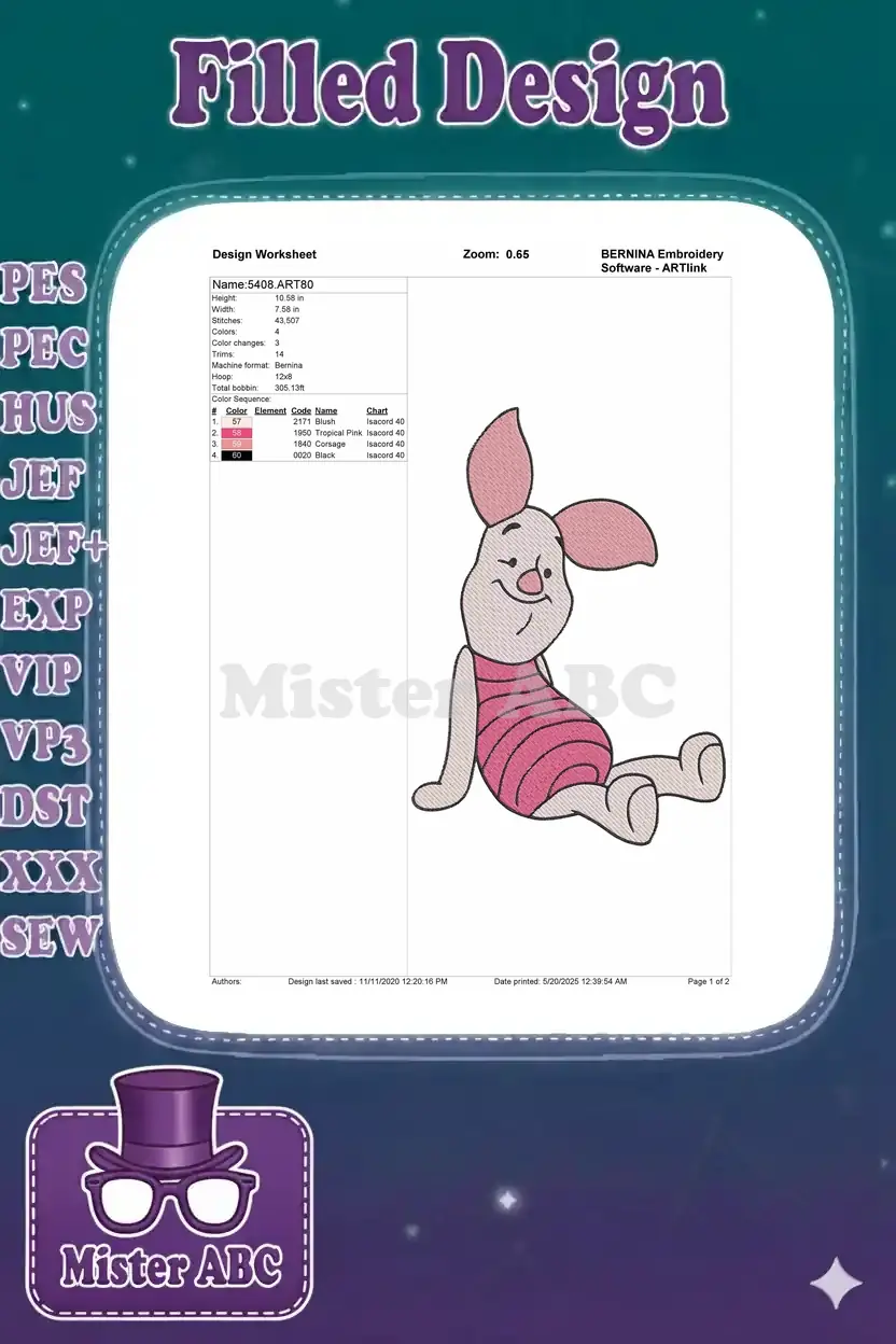 A detailed embroidery design worksheet for Piglet, displaying dimensions, stitch count, color sequence, and machine info.