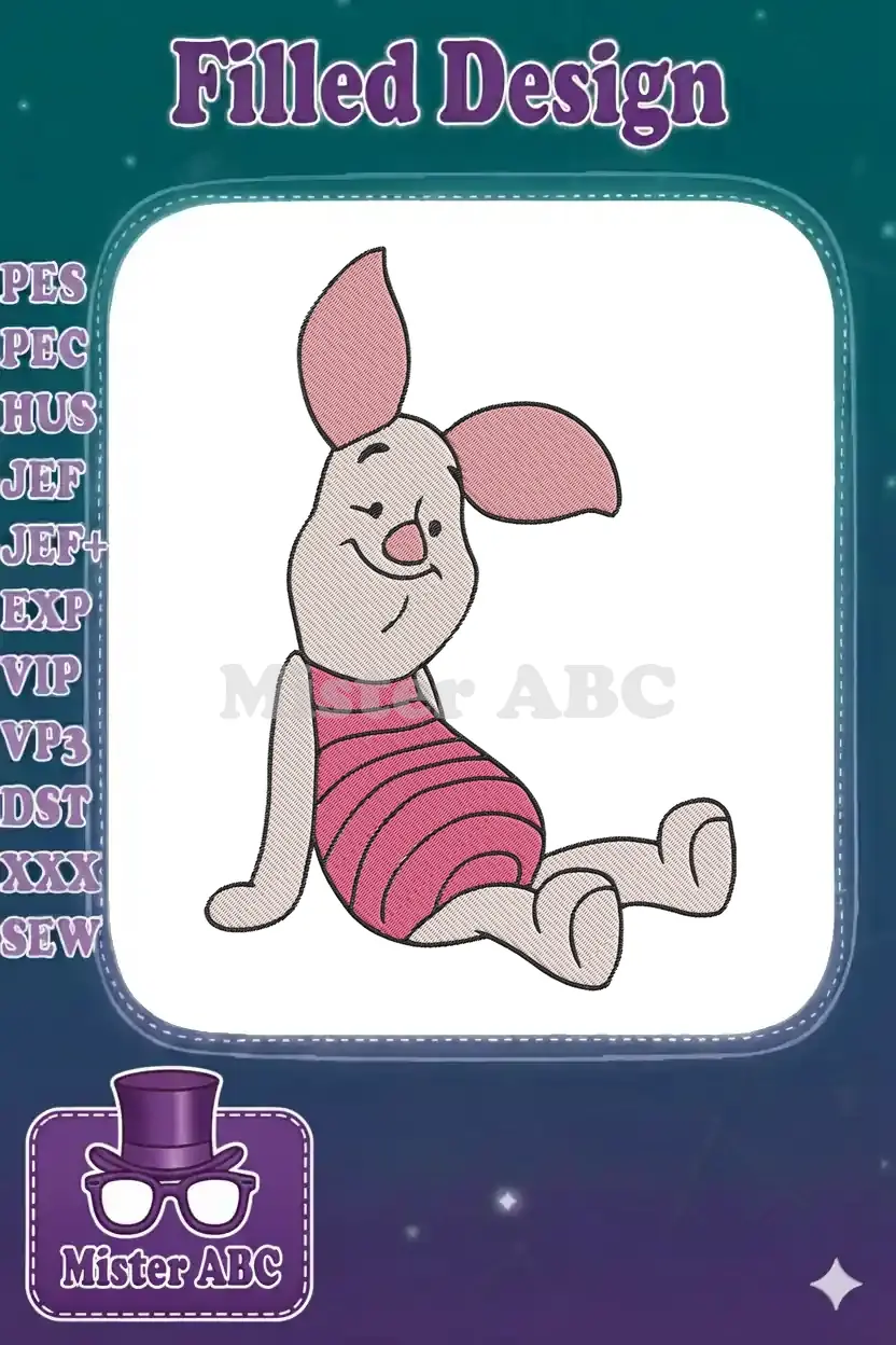 A delightful embroidery design of Piglet from Winnie the Pooh, sitting with a gentle smile, ready for embellishment.
