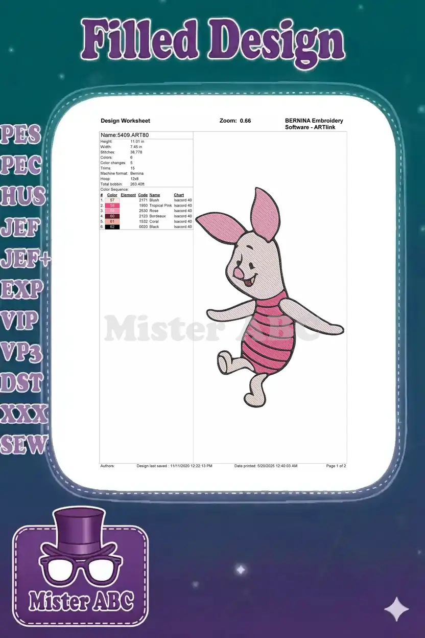 Embroidery design worksheet for Piglet, showing dimensions, stitch count, color sequence, and thread chart on white.