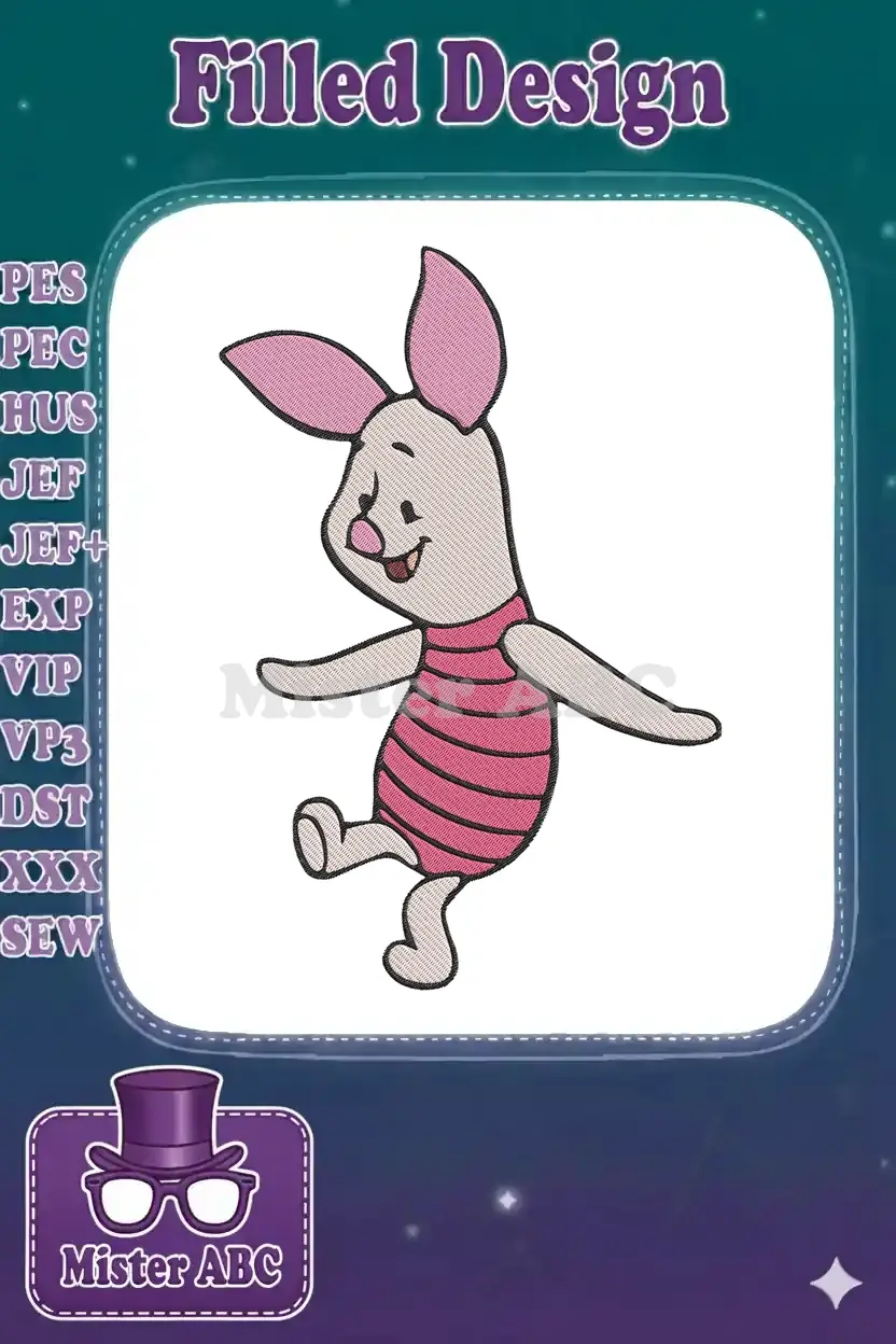 Embroidered Piglet design, standing on one leg with arms outstretched, wearing a pink striped shirt, against a white background.
