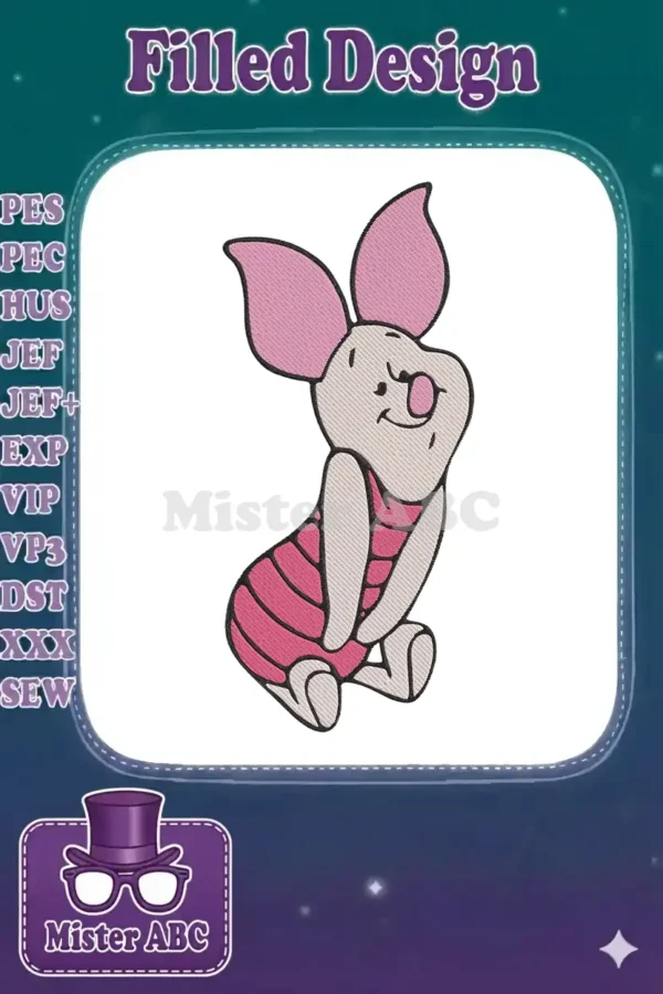 Close-up of a charming Piglet machine embroidery design, featuring light pink skin and a dark pink striped outfit.