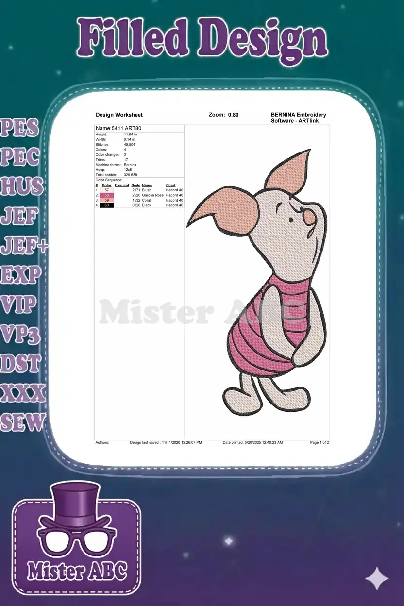 Embroidery design worksheet for Piglet, detailing dimensions, stitch count, colors, and thread information.