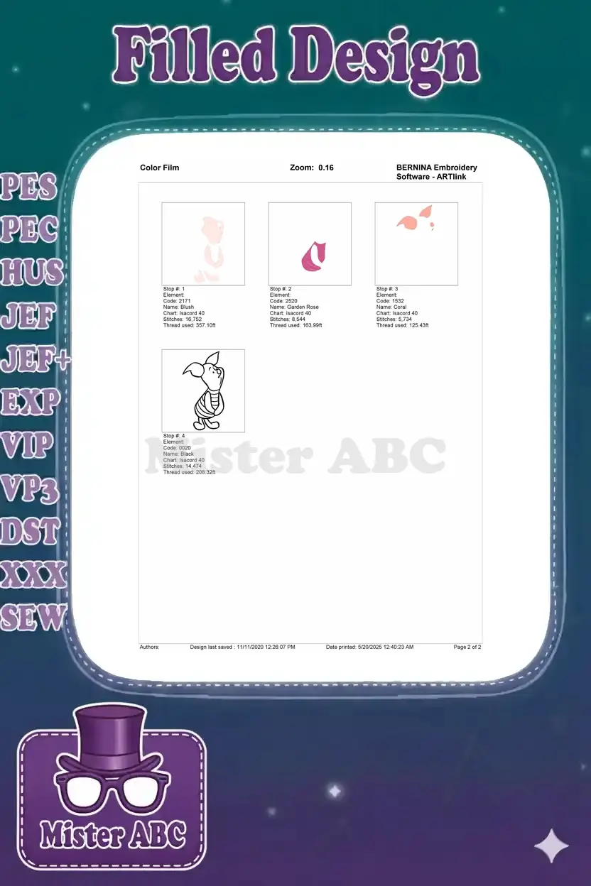 Color film breakdown for the Piglet embroidery, showing the sequential stitching process for each color.