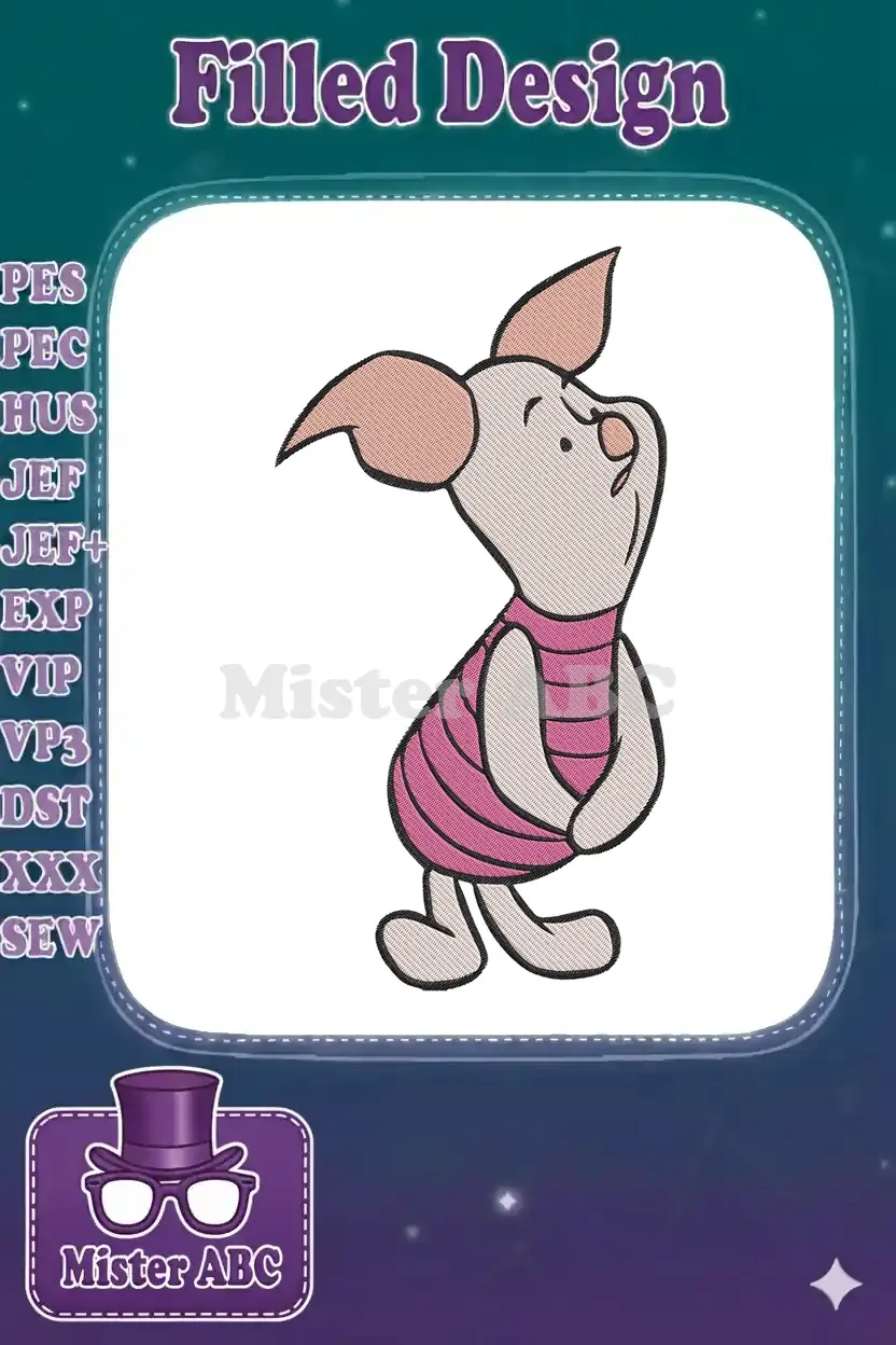 Close-up of an adorable Piglet embroidery design, featuring his iconic pink striped shirt and happy expression.