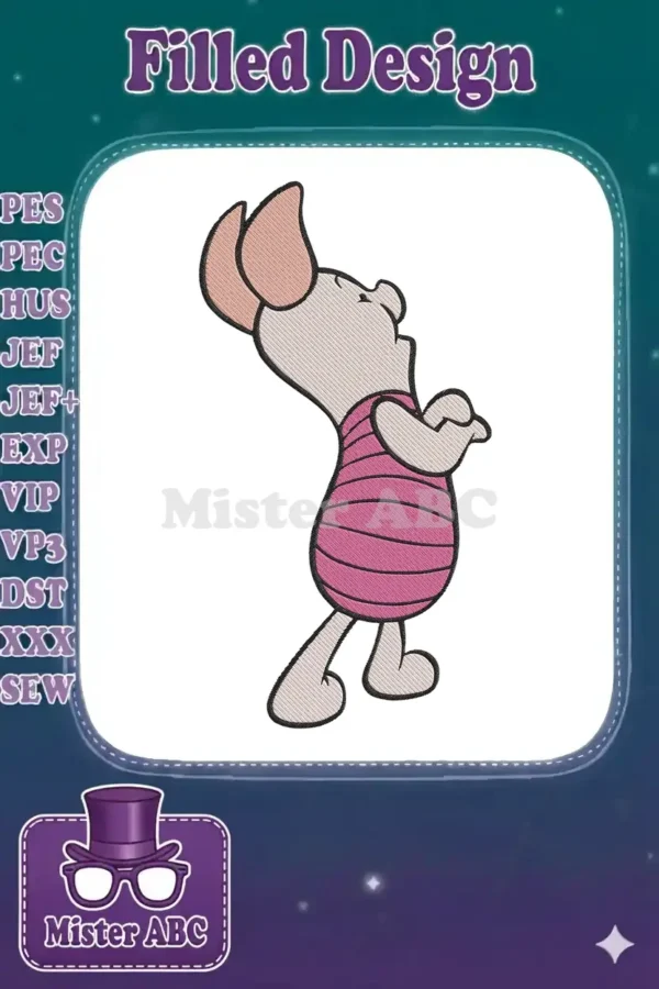 Close-up of an adorable Piglet embroidery design, featuring his iconic pink stripes and curious upward gaze.