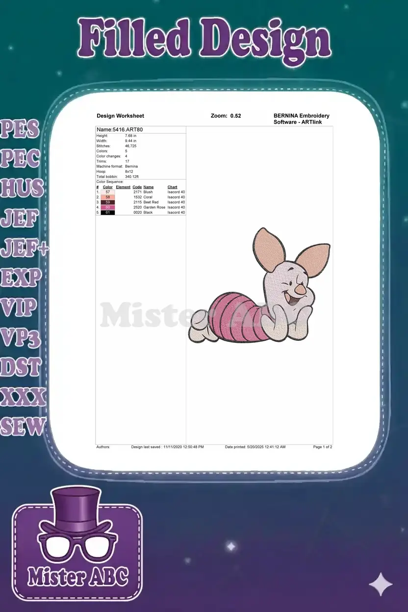 Embroidery design worksheet for Piglet, detailing stitch count, color sequence, dimensions, and machine format.