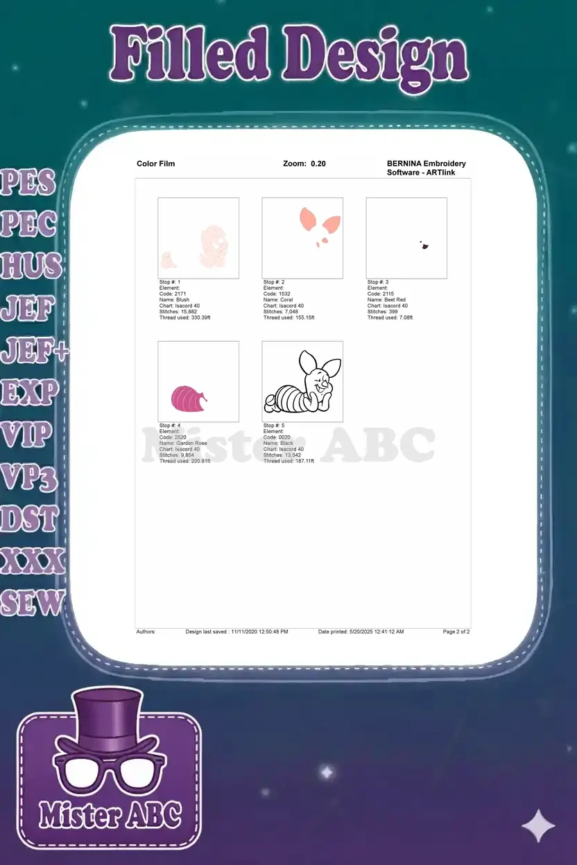 Color film breakdown for the Piglet embroidery, showing the sequential application of each color element.