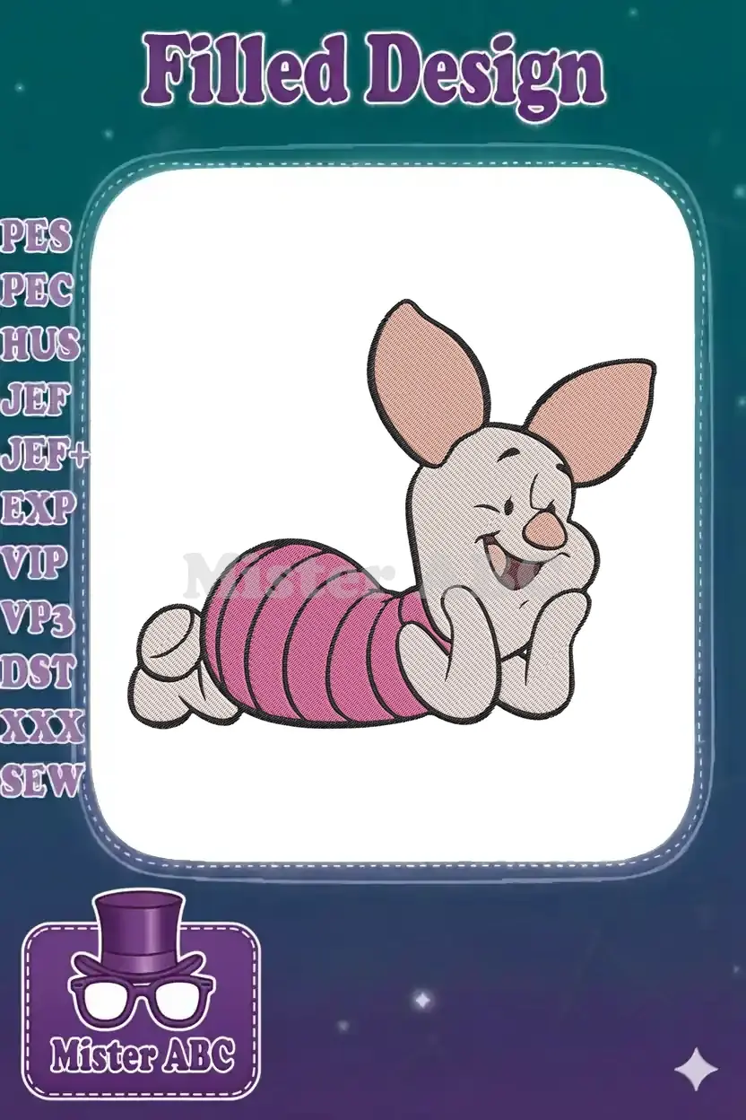 An adorable embroidered Piglet from Winnie the Pooh, lying down and smiling, showcasing detailed fill stitches.