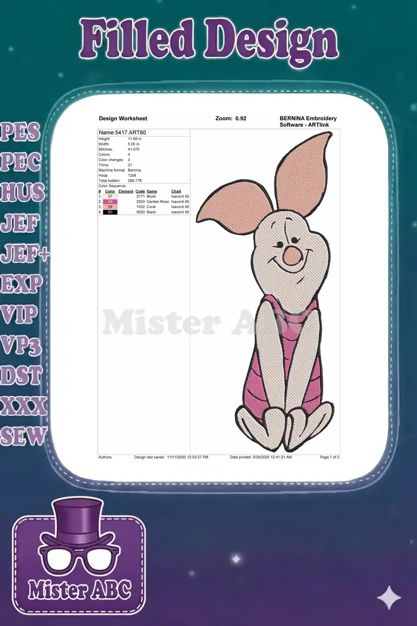 The BERNINA embroidery design worksheet for Piglet, detailing dimensions, stitch count, and color sequence.