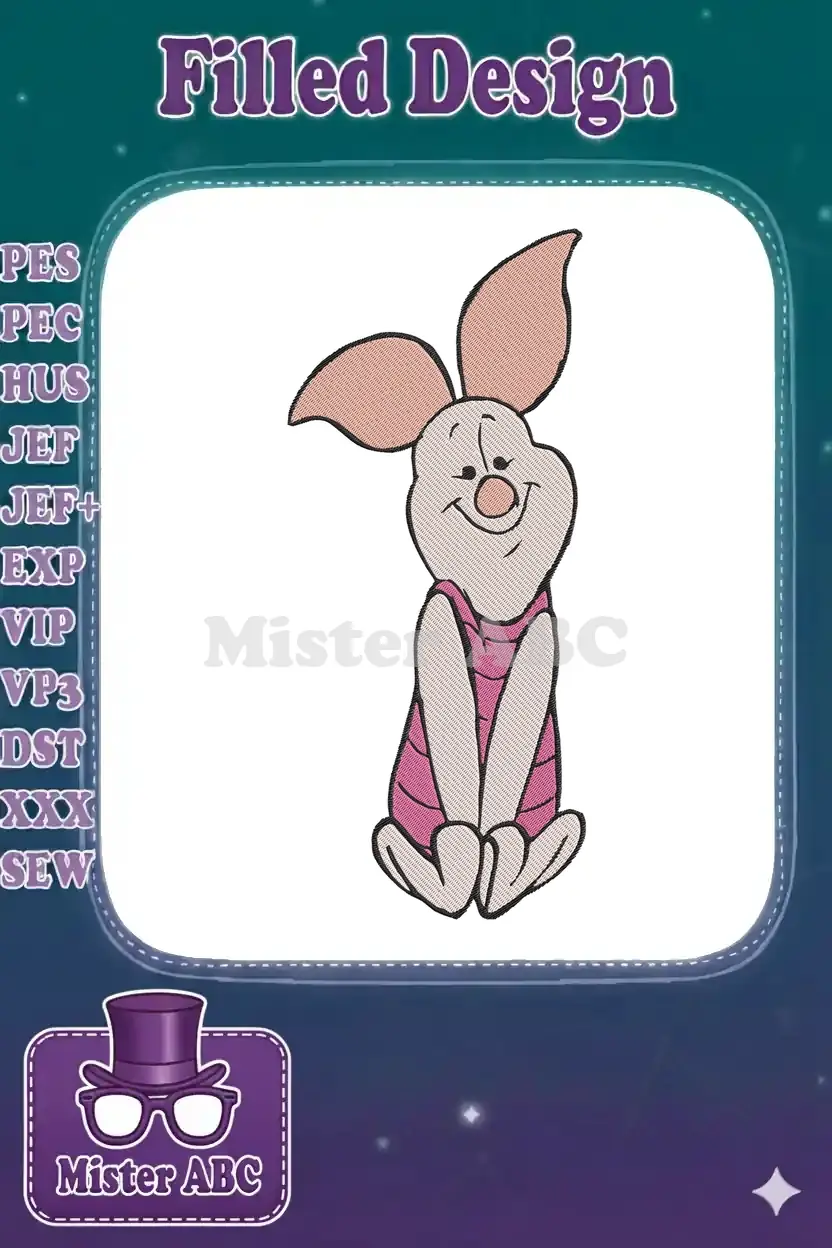 A delightful embroidery of Piglet from Winnie the Pooh, sitting with a cheerful smile and classic striped shirt.