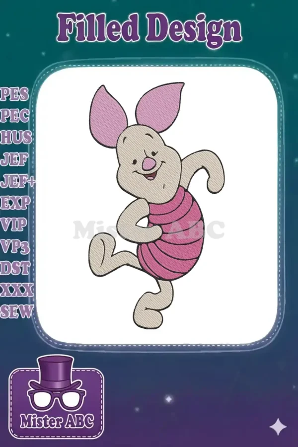 A delightful embroidery design featuring Piglet from Winnie the Pooh, dancing happily in pink and beige.