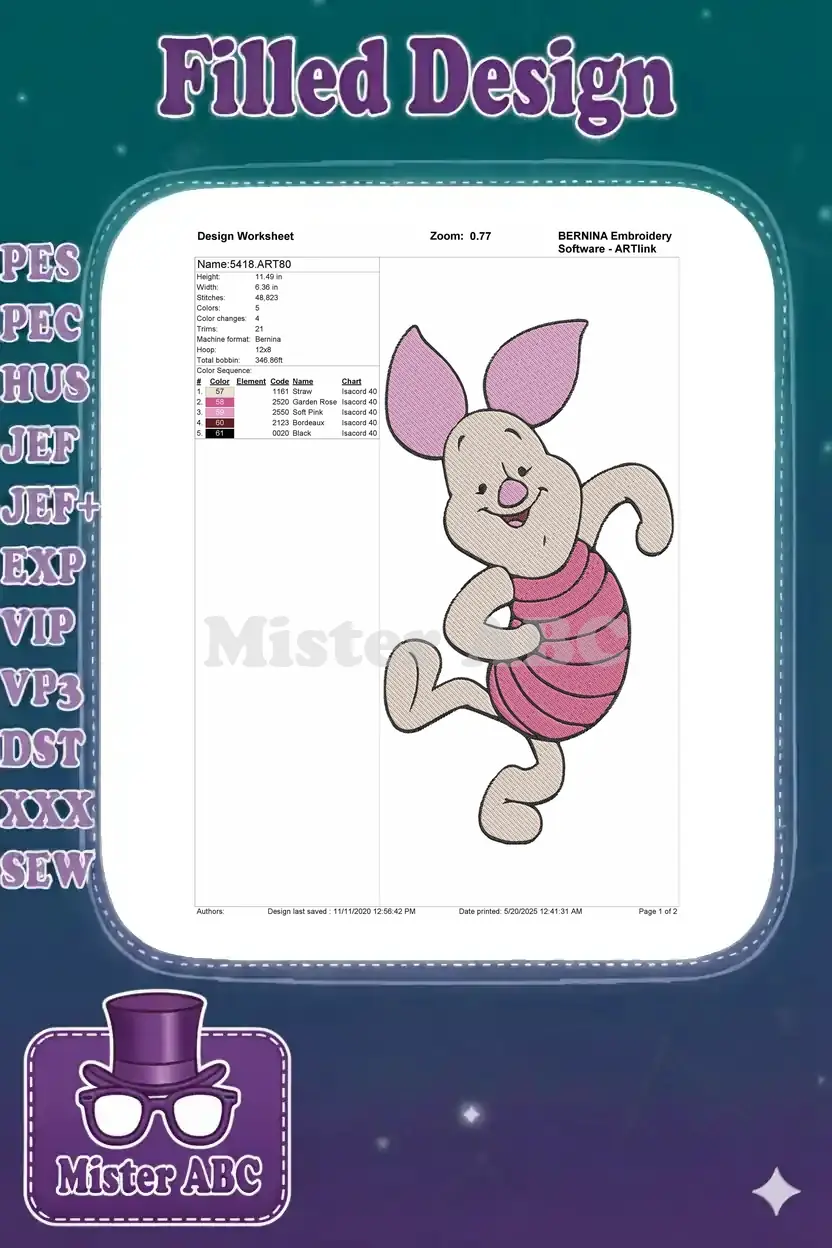 Detailed worksheet for Piglet embroidery design, showing dimensions, stitch count, colors, and sequence.