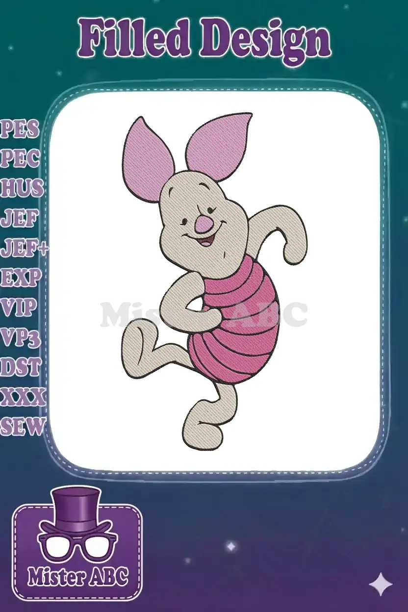 A delightful embroidery design featuring Piglet from Winnie the Pooh, dancing happily in pink and beige.