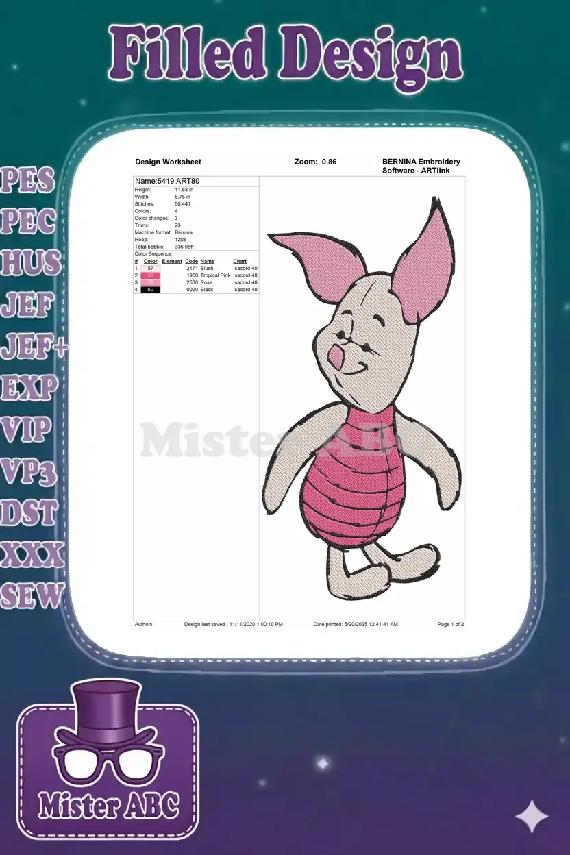Embroidery design worksheet for Piglet, detailing dimensions, stitch count, color sequence, and machine format.