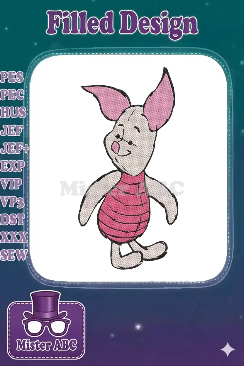 Delightful embroidery design of Piglet from Winnie the Pooh, featuring a happy expression and striped shirt.
