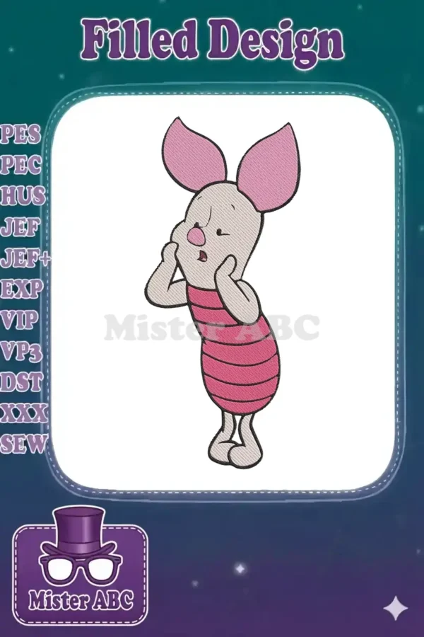 Adorable Piglet embroidery design, looking surprised with hands by his face, featuring a classic pink striped shirt.