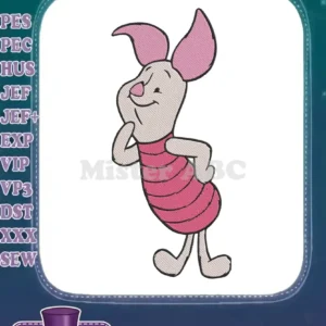 Charming Piglet embroidery design in a classic pose, featuring delicate pink and beige tones with black outlines.