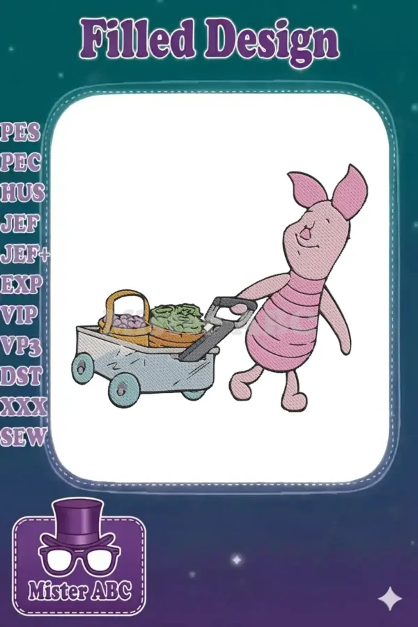 Piglet from Winnie the Pooh pushing a cart filled with baskets of berries and vegetables, a delightful embroidery design.