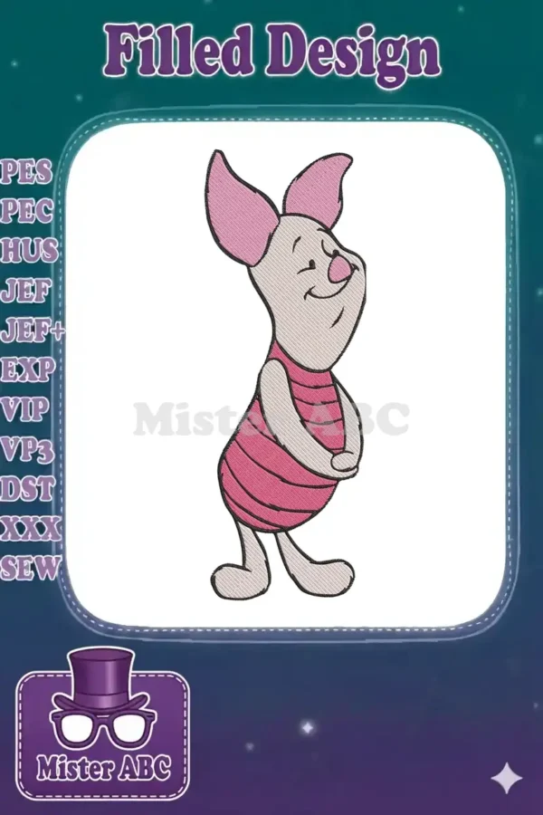 Embroidered Piglet design, a beloved character from Winnie the Pooh, standing and smiling, in pink and cream.