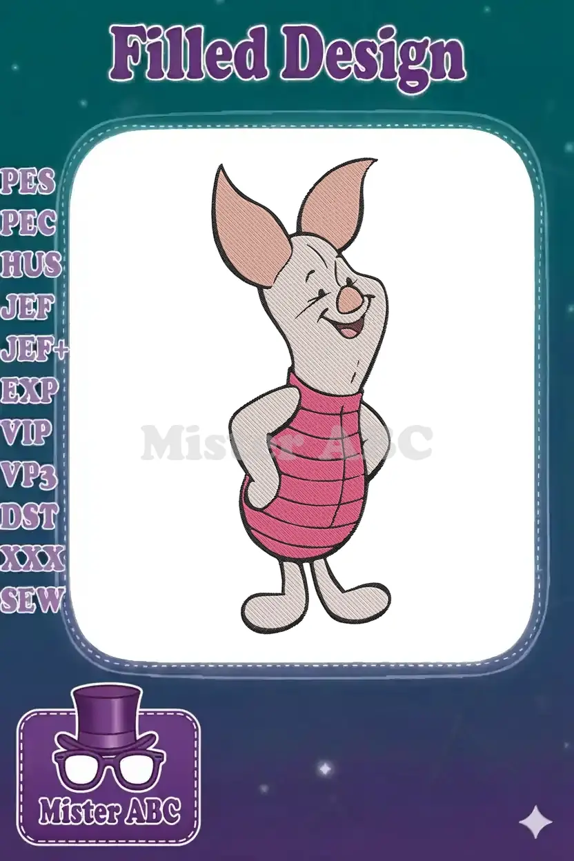 A charming embroidery of Piglet from Winnie the Pooh, standing confidently with hands on hips and a joyful smile.