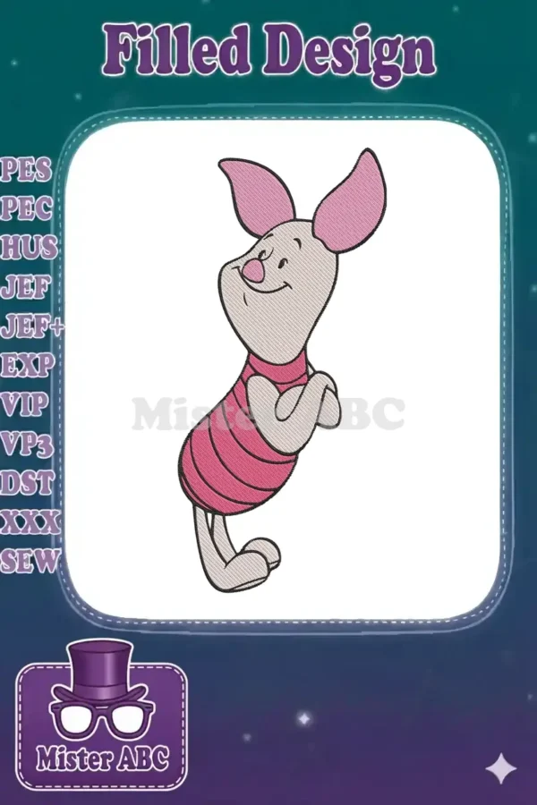 A charming embroidery design of Piglet from Winnie the Pooh, standing with arms up, smiling warmly. Perfect for fans.