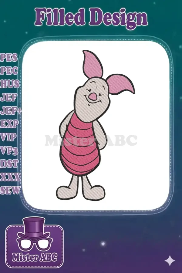 A delightful embroidery of Piglet from Winnie the Pooh, standing cheerfully with hands behind his back.