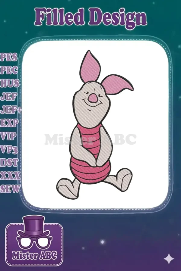 Charming embroidery design of Piglet from Winnie the Pooh, sitting happily with a cheerful smile, perfect for kids.