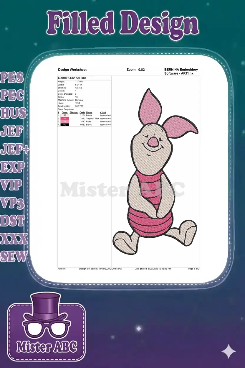 Detailed embroidery design worksheet for Piglet, showing dimensions, stitch count, thread colors, and machine info.