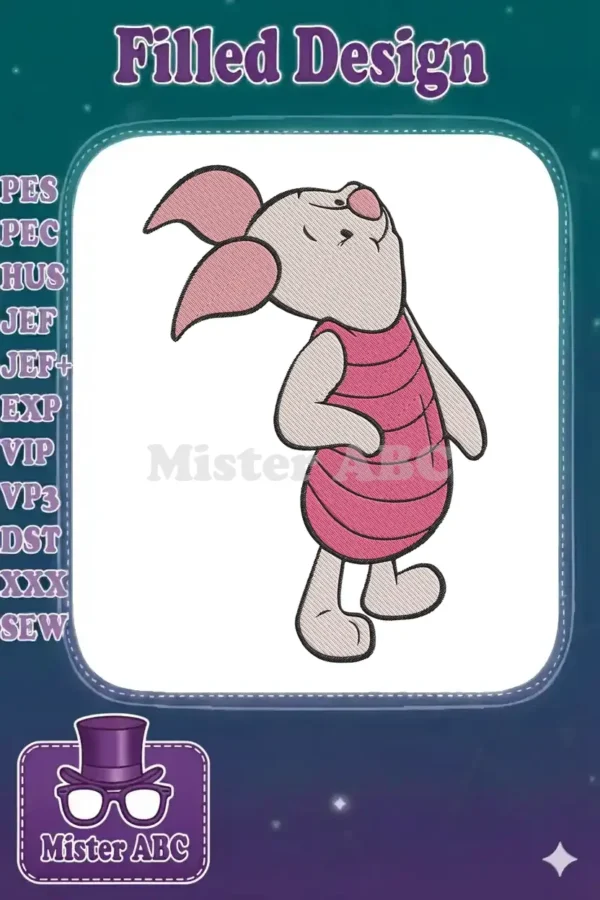 High-quality embroidery design of Piglet from Winnie the Pooh, featuring his iconic pink striped shirt and shy pose.