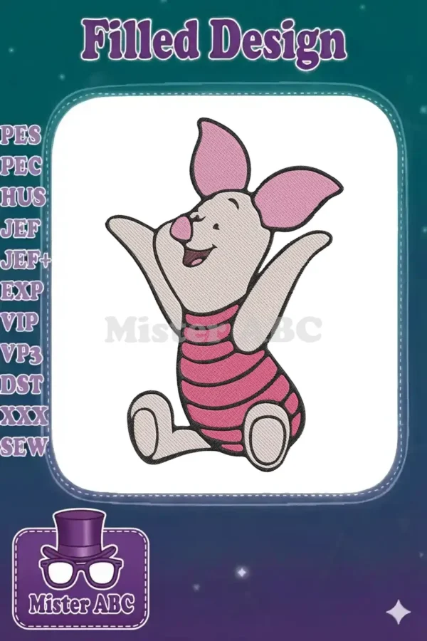 A charming machine embroidery design featuring Piglet from Winnie the Pooh, sitting happily with arms raised, in full color.