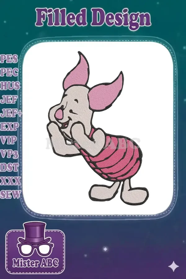 A charming embroidery design of Piglet, the beloved character from Winnie the Pooh, standing happily with hands clasped.
