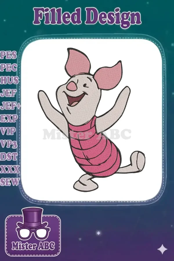 Joyful Piglet embroidery design, featuring the beloved character from Winnie the Pooh in a playful, dancing pose.